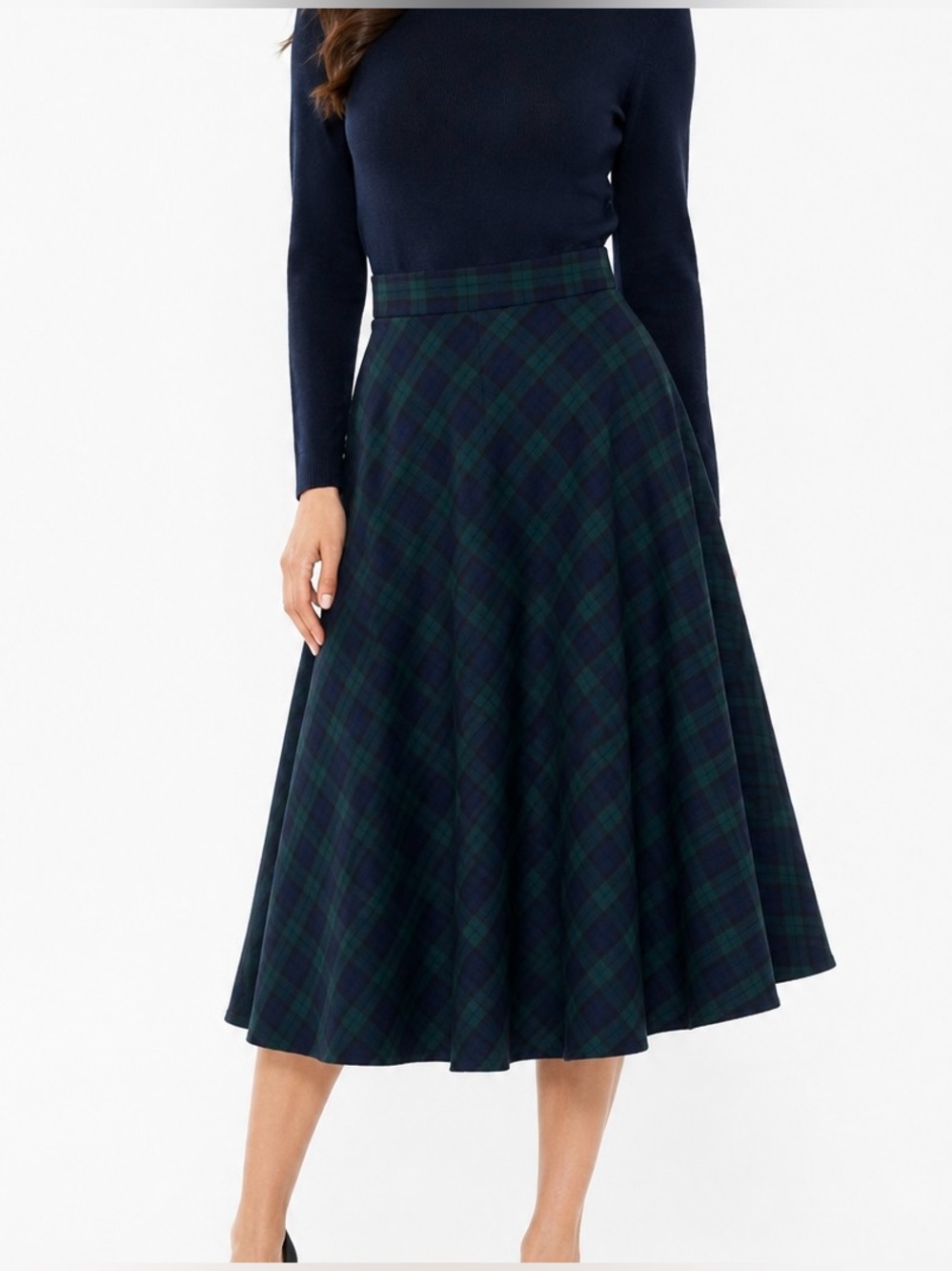 Pendleton Vintage 100% Virgin Wool Navy and Green Plaid A-Line Midi Skirt 14W - Picture 1 of 10